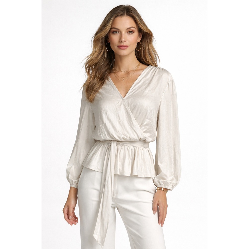 Lauren Ralph Lauren Black Label Peplum Wrap Top Ivory Women M Quiet Luxury Chic